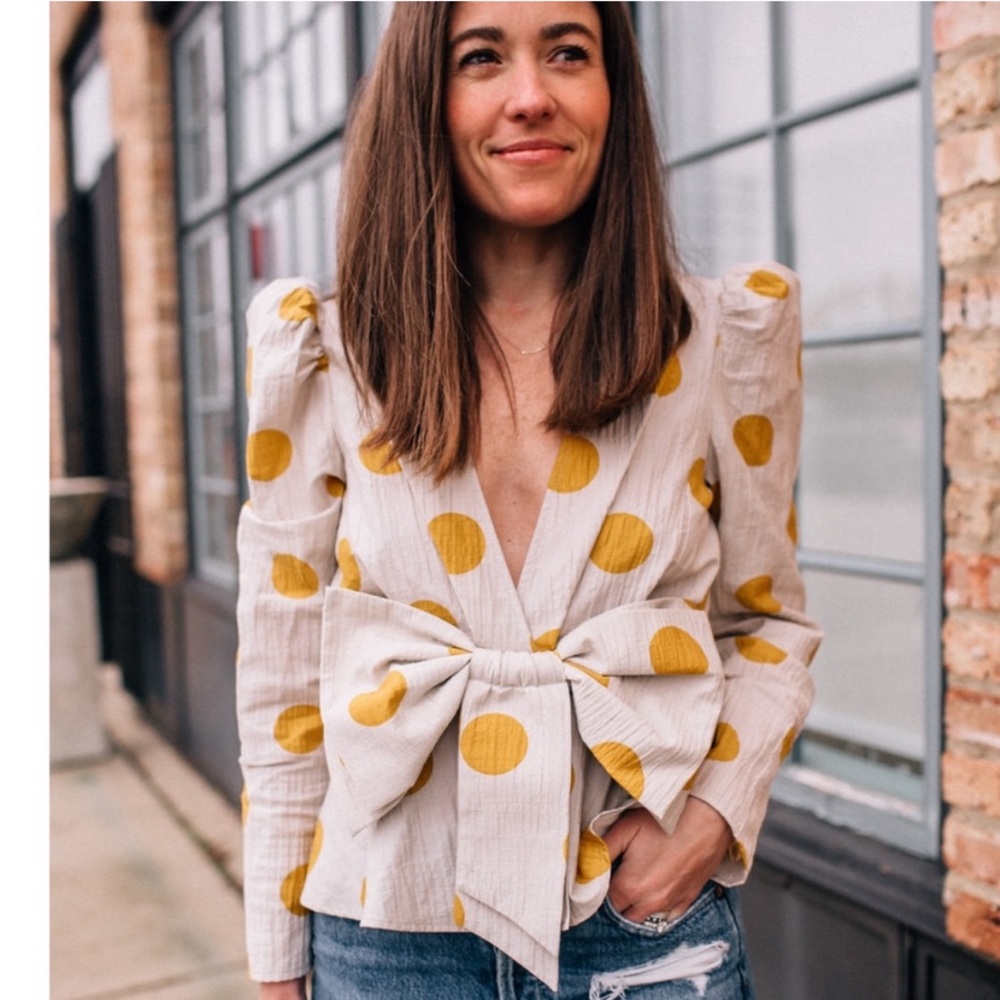 Zara Cream Peplum Top with Mustard Polka Dots